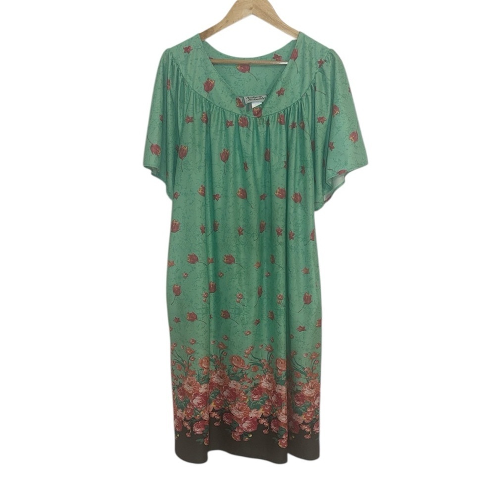 Anthony Richards 60s MuuMuu dress, house coat, green floral, Large